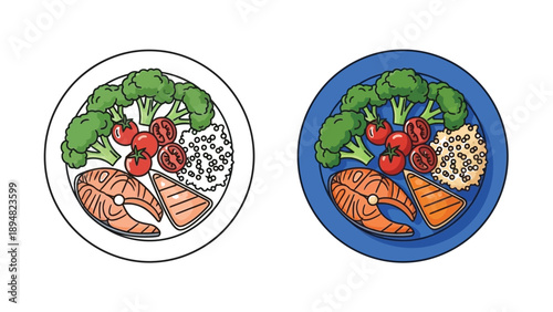 Healthy meal preparation illustration showing a balanced plate with salmon steak broccoli tomatoes and grain serving in both outline and color versions
