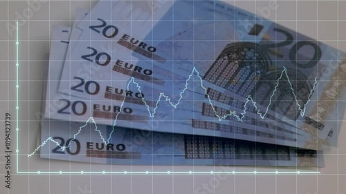 Fan of 20 euro banknotes sliding over blank grid, white line graph climbing notes revealing chart