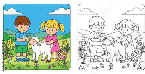 Coloring book page for kids with colored example showing a cartoon boy feeding a lamb and a girl petting it in a spring meadow with an Easter egg and flowers.