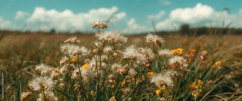 Obraz premium sunny day scene with grouped fluffy wild plants for natural background