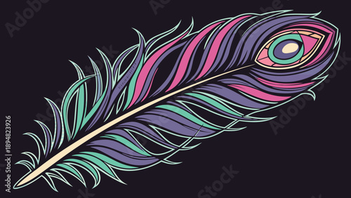 A colorful peacock feather illustration with vibrant purple, pink, and green hues