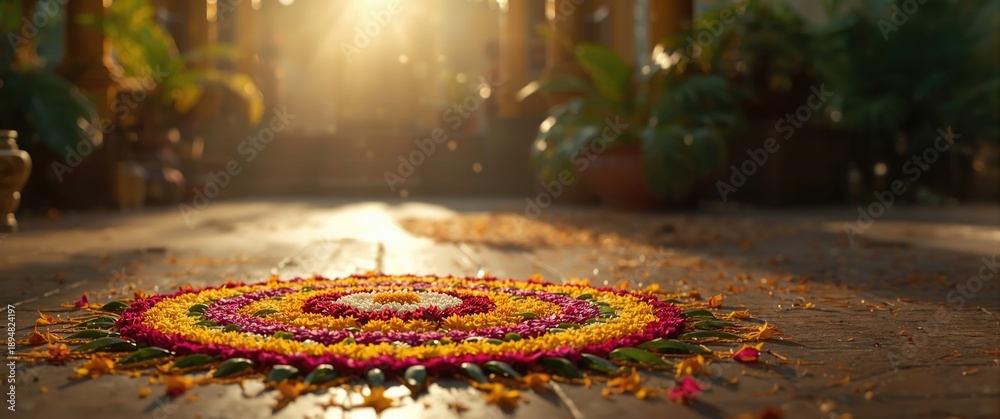 Fototapeta premium Onam Festival Flower Decoration: Atha-Poo or Pookkalam Traditions