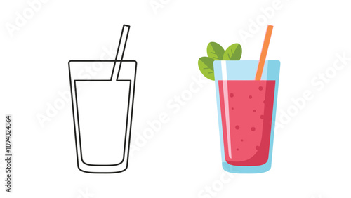 Comparing an outline line art drawing of a drinking glass with a straw and a fully colored fruit smoothie garnished with mint leaves beside it