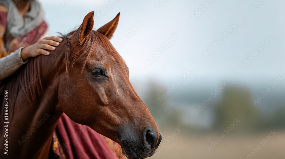 Obraz premium Horse standing in the field with rider gently stroking its mane 