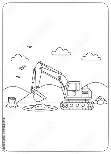 Excavator coloring page shows a heavy machine digging a hole in the ground