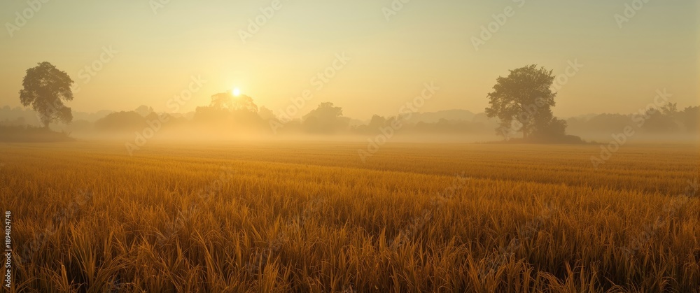 Fototapeta premium Golden sunrise glow illuminating misty morning on harvested farmland with trees