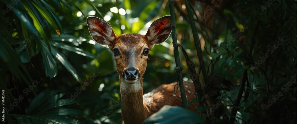 Fototapeta premium Jungle scene featuring a deer portrait with leaf