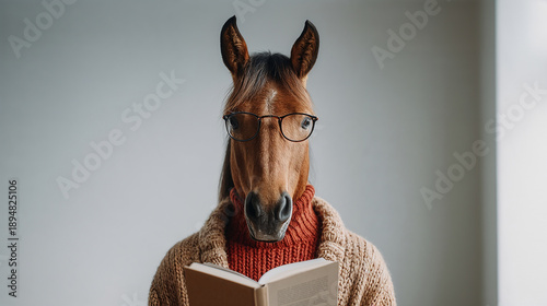 Horse wearing glasses reading a book indoors with a thoughtful expression  