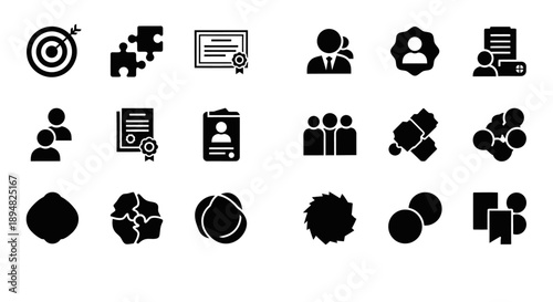 Collection of black silhouette icons representing business strategy and teamwork