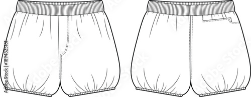 CAD drawing flat vector illustration, elastic waistband shorts, casual garment sketch, sewing template, back pocket design, clothing fashion outline