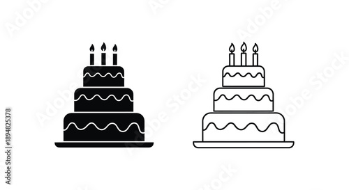 Two tiered birthday cakes in black outline and filled silhouette