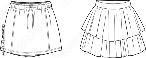 Cad drawing flat vector illustration, elastic waistband skirt, drawstring detail, tiered ruffle design, pleated volume, stitching lines, fashion sketch, apparel template**