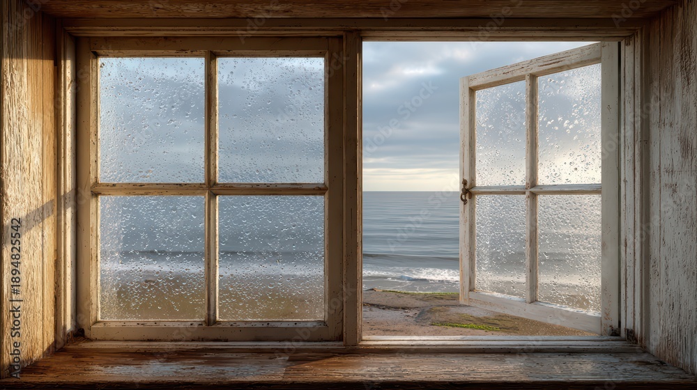 Fototapeta premium Ocean view through rain-soaked rustic window at dawn with open shutter and calm sea in serene coastal setting