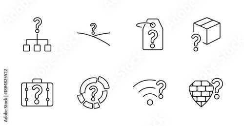 Unknown data set icon. Hierarchy, road, tag, box, suitcase, chart, wifi, shield showing uncertainty, unknown source, incomplete structure, missing label.