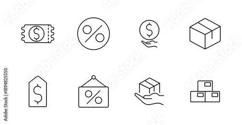 Sale and delivery set icon. Coupon, percent, coin, package, tag, hand, box, shopping discount, ecommerce, parcel service, store deal.