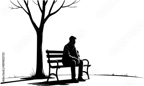 Minimalist black silhouette of lonely person sitting alone on park bench under bare tree creating solitude and contemplation scene on white background