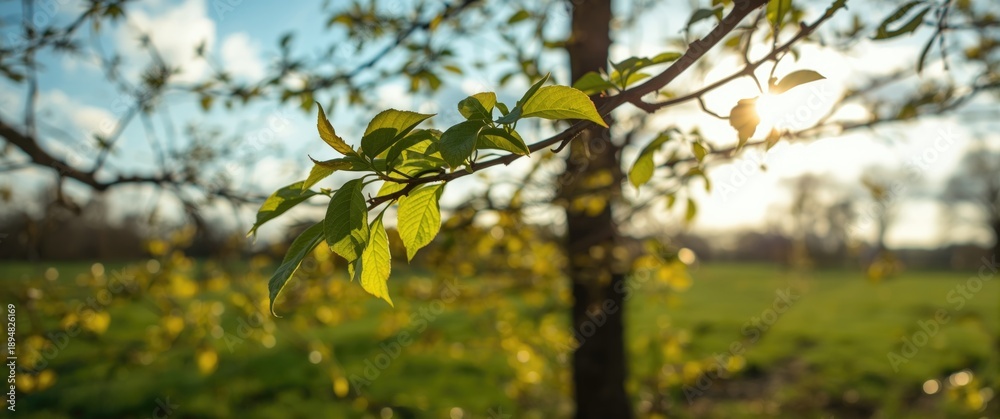 Fototapeta premium Summer Sun and Fresh Green Leaves on Tree Branches in Bokeh Style