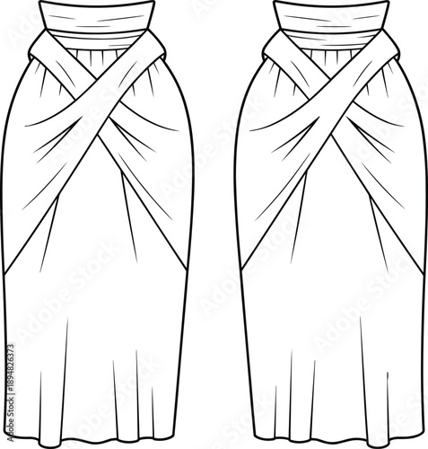 Cad Drawing Flat Vector Illustration, Elegant Long Dress Sketch, Crisscross Bodice Detail, Draped Silhouette View, Fashion Apparel Template