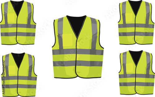 Cad drawing flat vector illustration, five yellow reflective safety vests with black inner lining, high visibility apparel for industrial, road, construction workers.