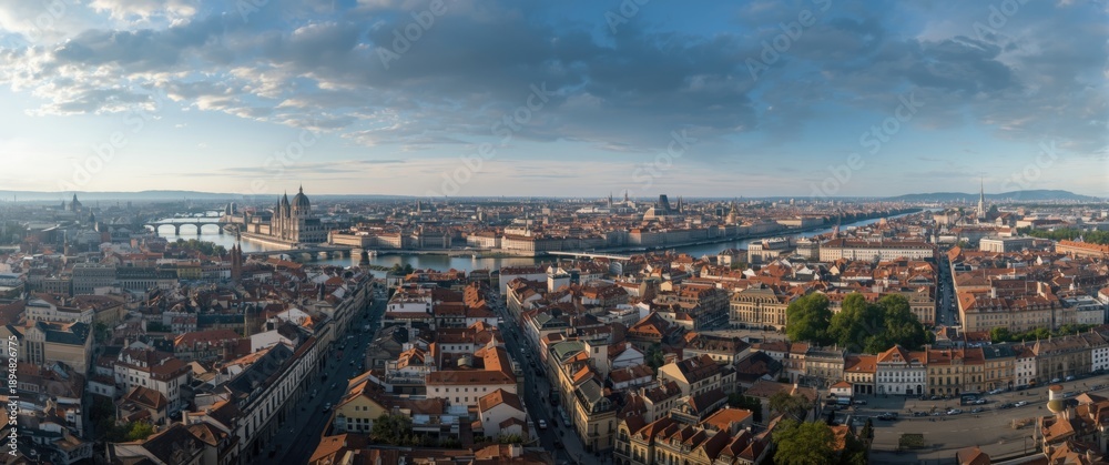 Obraz premium Bird's-eye view of the city with river sky, travel, cityscape, structures, white and red buildings, streets, old architecture