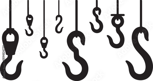 Collection of various black metal hooks hanging from ropes