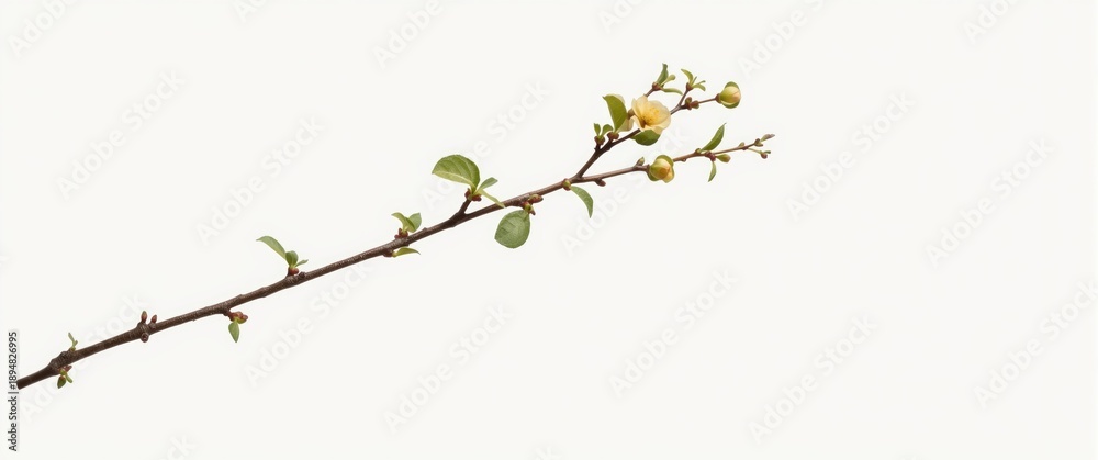 Naklejka premium An isolated bougainvillea branch in dormancy displaying textured features and fresh green sprouts on a plain white backdrop, evoking springtime