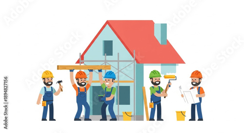 Construction workers building a house together on a white background.