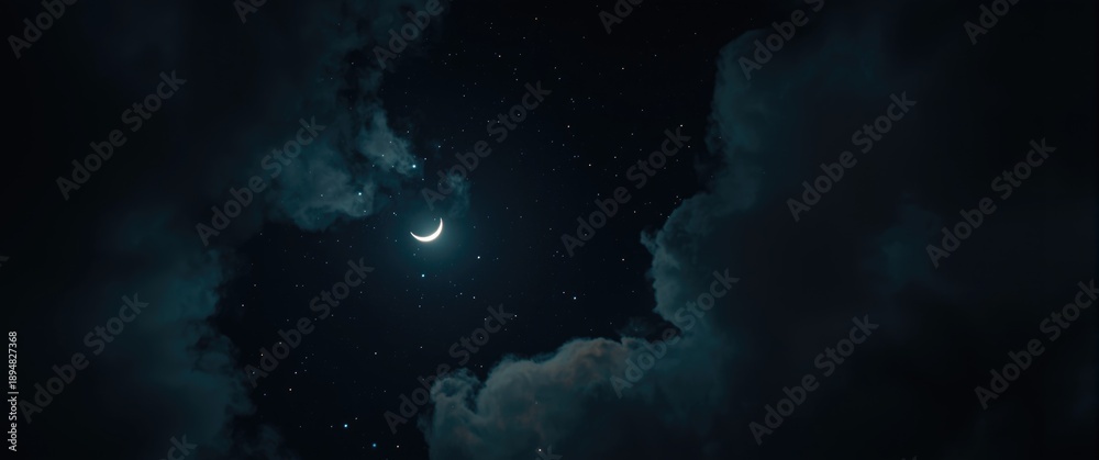 Naklejka premium Mysterious night sky featuring Crescent moon, glowing stars, and delicate clouds from a bottom-up perspective