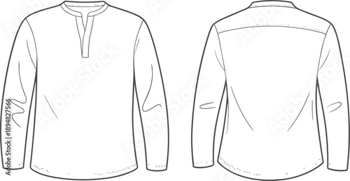 cad drawing flat vector illustration, front and back shirt view, long sleeve placket design, shoulder yoke detail, fashion template