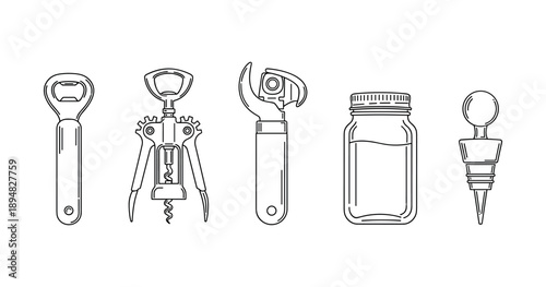 Set of bottle openers and jar with lid line art illustration