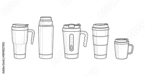 Line art of various travel mugs and thermoses with handles