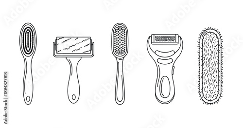 Set of five foot file and pedicure tools in line art style