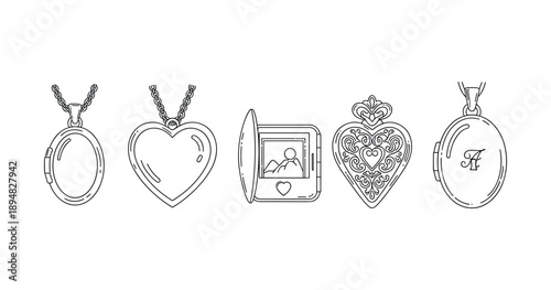 Line art collection of heart and oval lockets with intricate designs and monogram