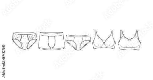 Vector line art of male and female underwear: briefs, boxers, and bras