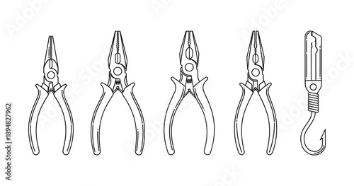 Lineup of hand tools including pliers and fishing knife hook