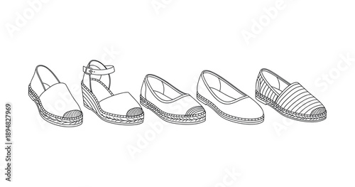 Outline of five espadrille shoe designs in black and white