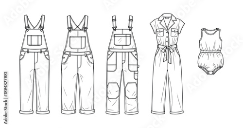 Fashion technical sketches of overalls and jumpsuits with pockets and straps