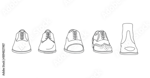 Outline of five classic men's dress shoes in various styles