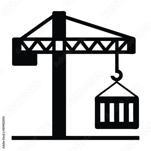 Minimalist black and white vector silhouette of an industrial tower crane lifting a heavy shipping container with vertical stripes on site.