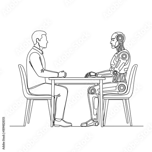 Human and robot negotiating at a table in line art illustration for technology, business, and innovation concepts