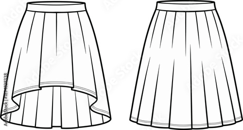Cad drawing flat vector illustration, high-low skirt design, pleated skirt style, fashion sketch, garment template, apparel flat, sewing pattern**