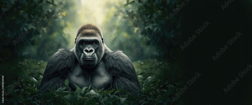 Fototapeta premium Gorilla with silverback sitting and facing forward