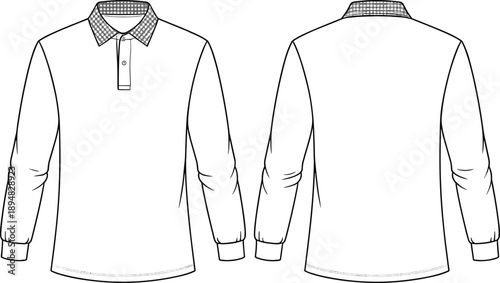 CAD Flat Vector Long Sleeve Polo Shirt Design with Checkered Collar and Front Back View