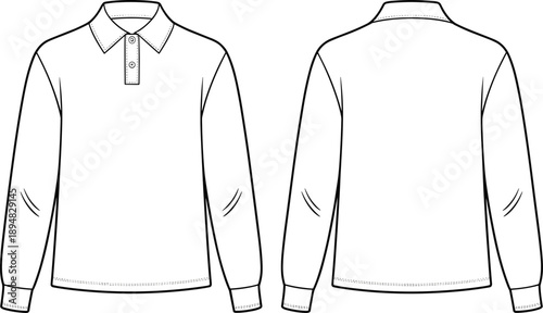 CAD Flat Vector Long Sleeve Polo Shirt Design with Three-Button Placket and Front Back View