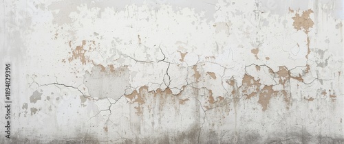 Aging white concrete wall with cracks and peeling paint texture