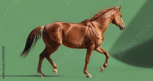 Chestnut horse trotting against green background isolated