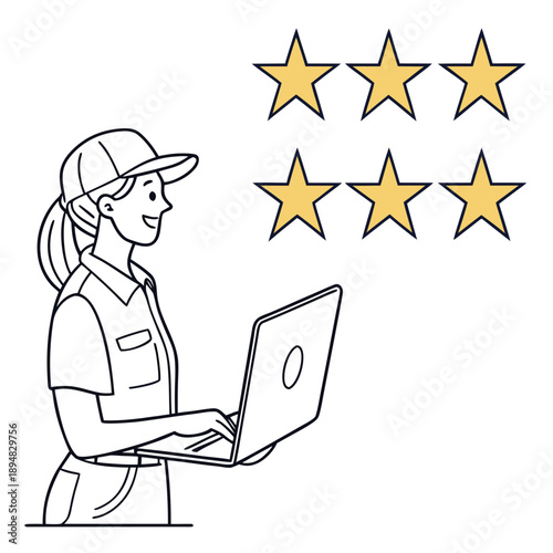 A woman in a cap is working on a laptop with five gold stars above