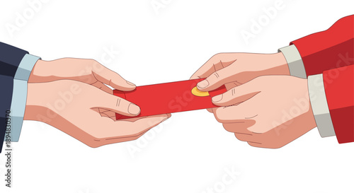 Illustration of two people exchanging a red envelope with a golden coin, symbolizing good luck during the Spring Festival or Lunar New Year, against a plain background.