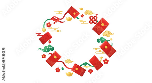 Illustration of a vibrant Lunar New Year wreath with red envelopes, golden accents, and floral designs on a white background, symbolizing good luck and prosperity during the Spring Festival