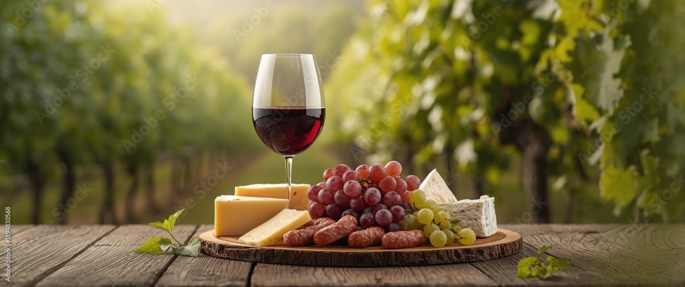 Naklejka premium Wine glass alongside grapes, cheese, and sausages on a table